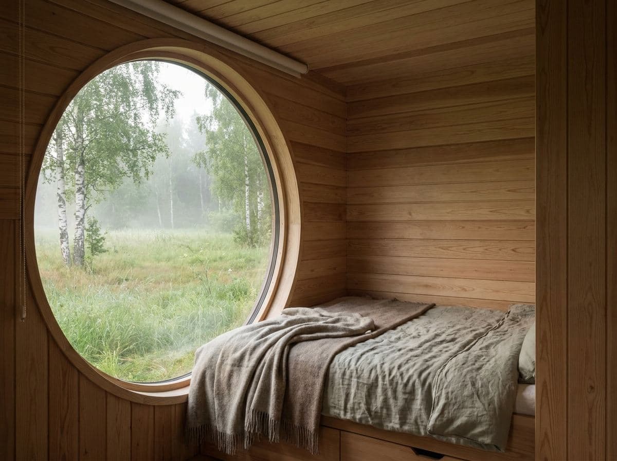 Lillstugan — Litet hus, runt fönster, stor känsla — vid ängens kant.