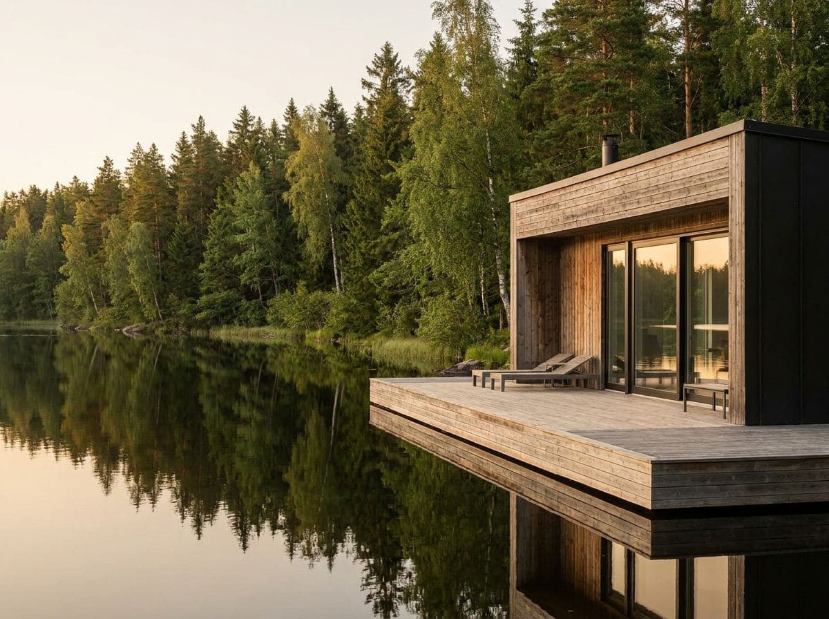 Sjöglimten — Trädäcket slutar där sjön börjar — morgondopp i pyjamas.