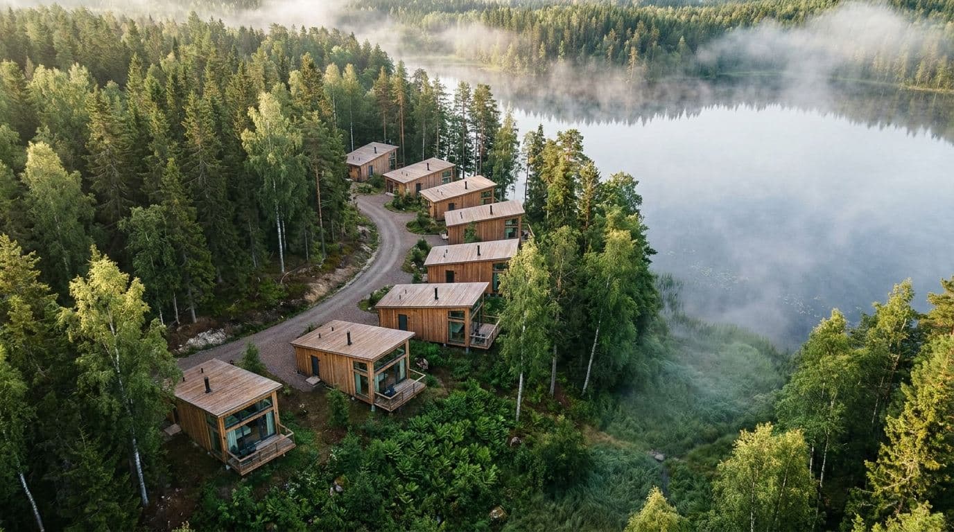 Flygbild över Grönbos boenden i skogen vid sjön